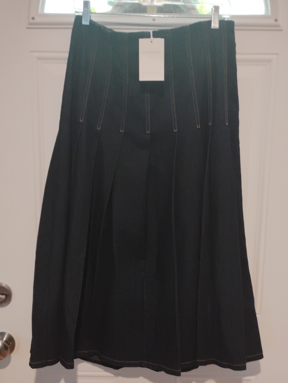 Dark Blue Pleated Midi Skirt with Topstitch Detail Size 6 NWT